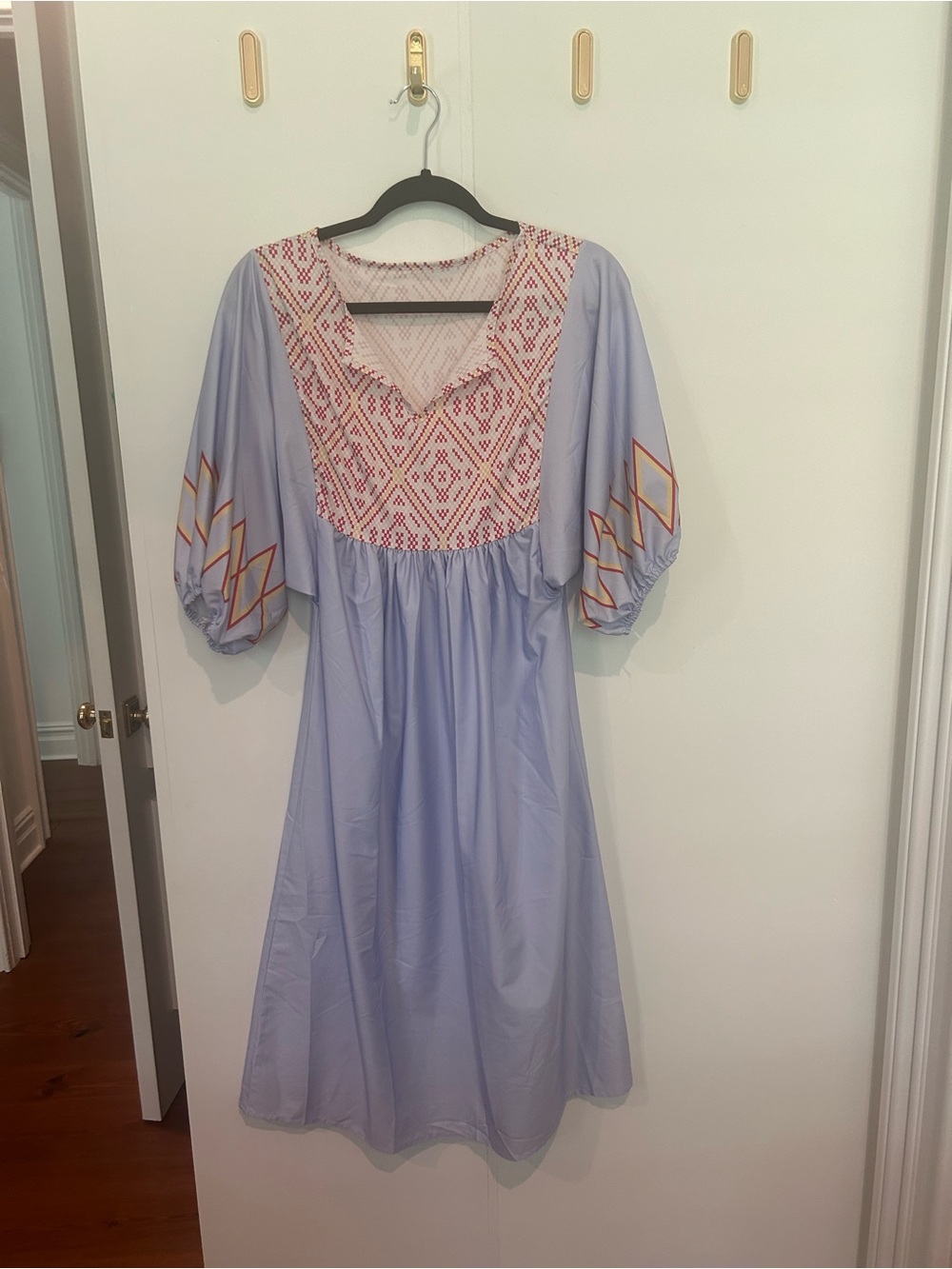 SHEIN Light Blue Midi Dress with Red Embroidered Yoke